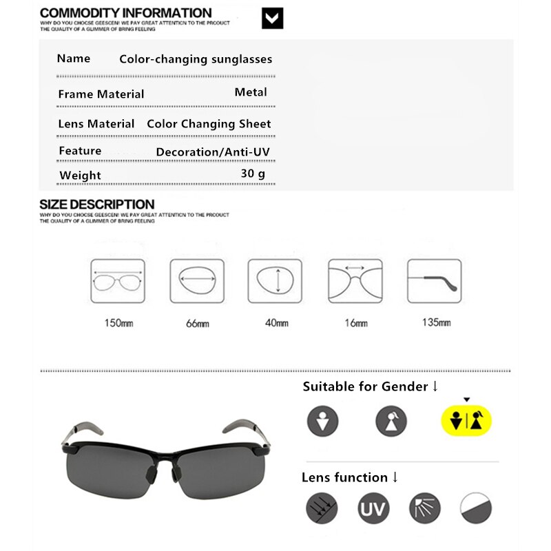 Meekleurende Zonnebril Bestuurder Gepolariseerde Kleur-Verandering Bril Kleur Veranderen Zonnebril UV400 3043 Hars Lenzen Unisex Eyewear