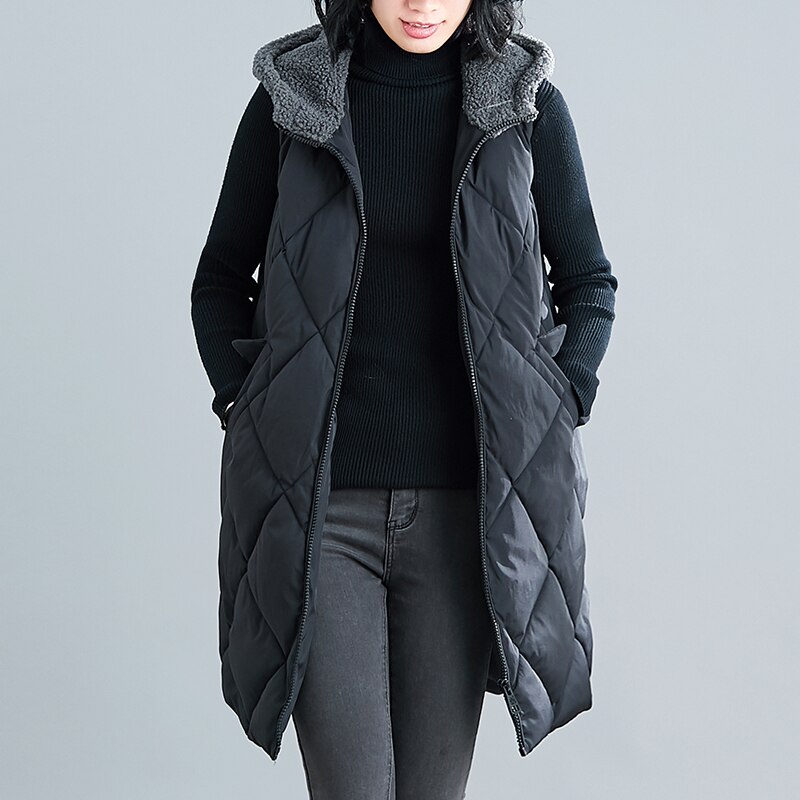 Gilet mi-long en poils d&#39;agneau pour femme, vêtement d&#39;extérieur, rembourré en coton, ample, hiver,: XL