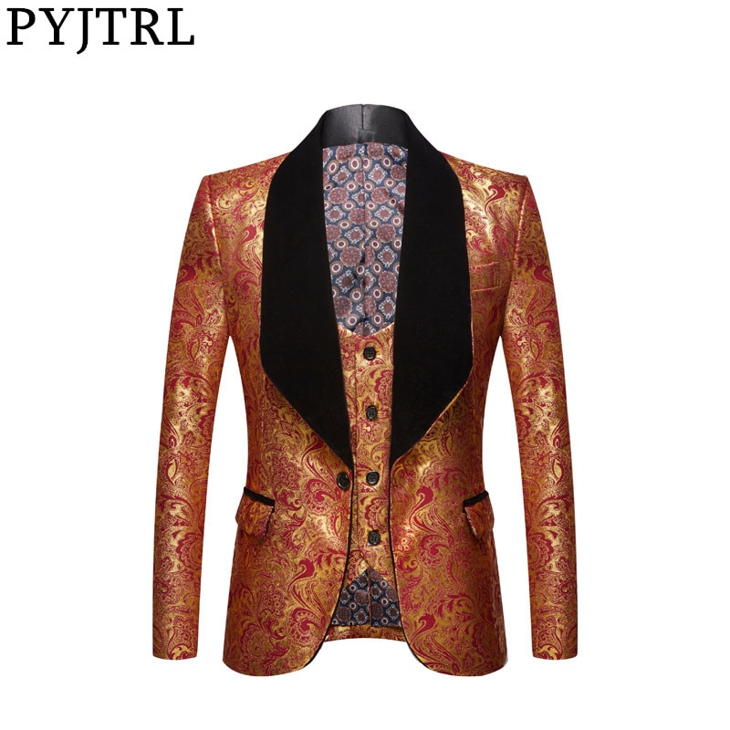 Pyjtrl jakke + vest herre todelt sæt guld blomstermønster print sjal revers slim fit bryllup gallakjole smoking kostume