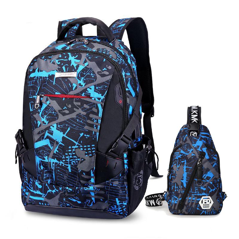 Große-kapazität rucksack wasserdicht student rucksack kinder schule tasche set jungen und mädchen tasche mochilas escolares: Blue 2pcs