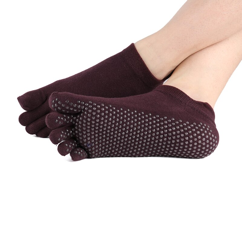 Damen- und herren-yogasocken aus baumwolle, rutschfest, fünf zehen, fitness- und sportsocken, pilates-socken mit knöchelhalt, strapazierfähig, warm.: Kastanienbraun