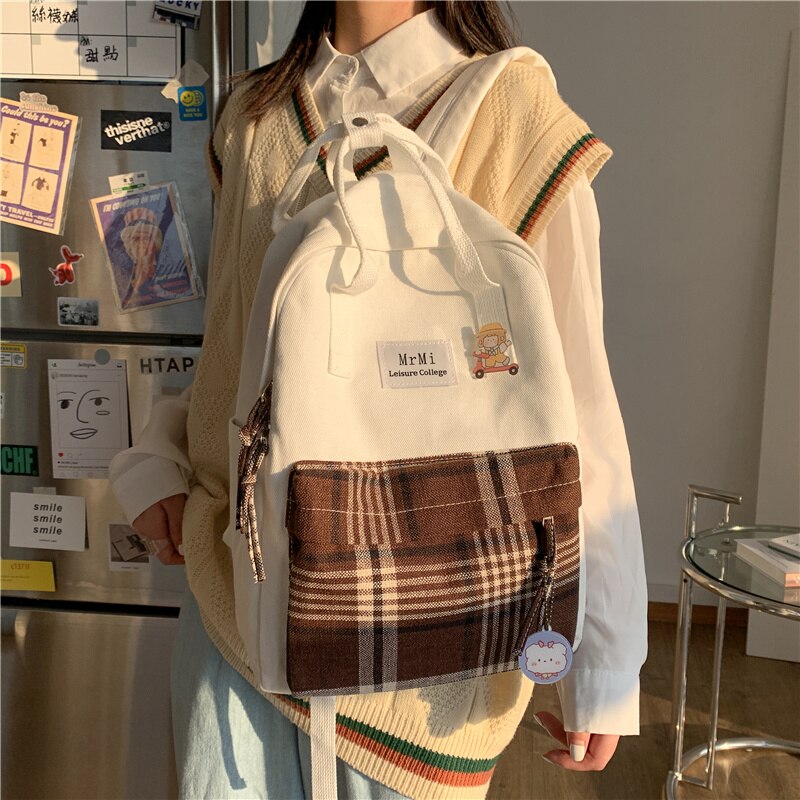 Kvindelige lærred rygsække til skole teenagere piger lille frisk plaid skoletaske kawaii bogtaske koreansk college mochilas