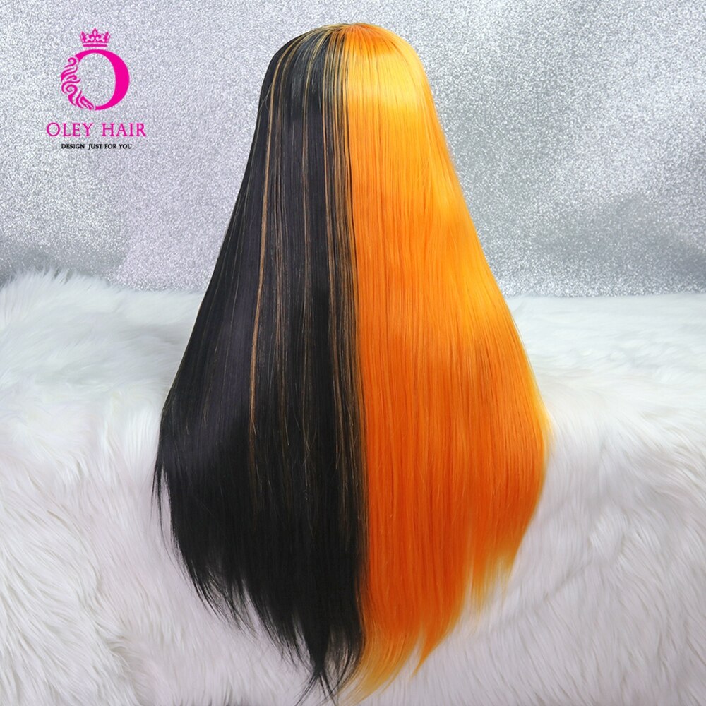 Half Orange Half Black Wig Glueless Synthetic Lace Front Wig Mango Swirl Long Straight Cosplay Wigs For Black Women