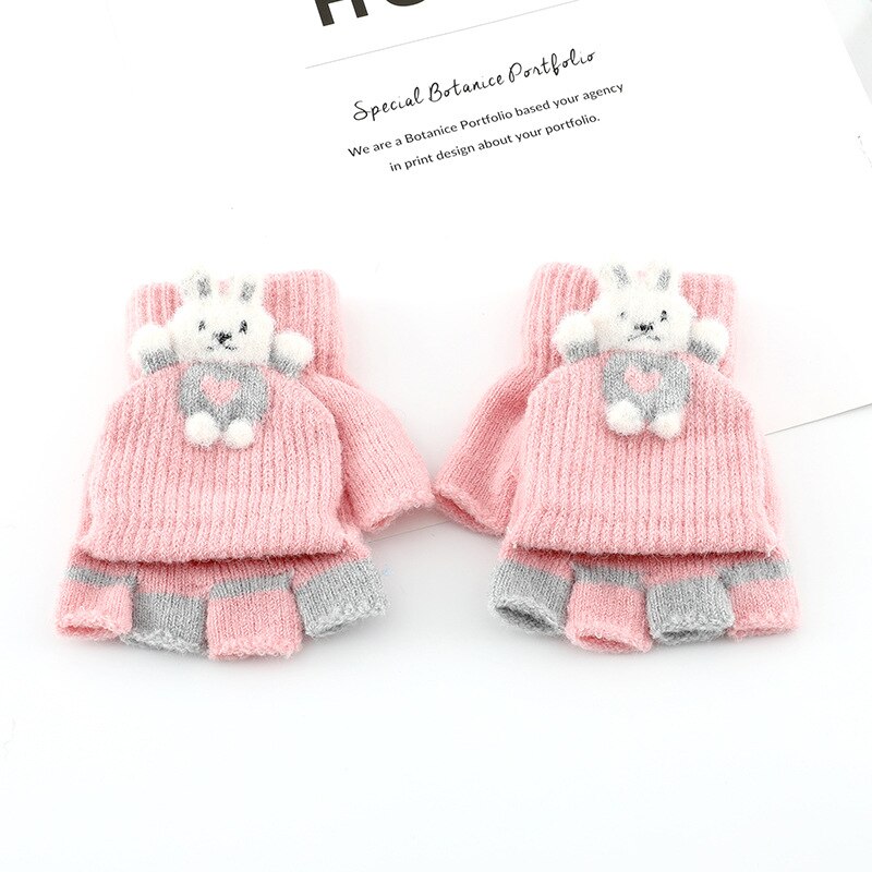 Gants d&#39;hiver en tricot pour enfants, motif lapin mignon, mitaines de dessin animé pour filles, doux et chauds, sans doigts, pour bébé de 2 à 7 ans: pink