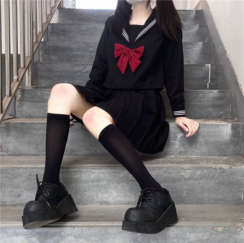 Japanese Sailor Suit School Girl Uniform JK Black Basic Orthodox Sailor Uniform Student Classic Clothes Schoolgirl Pleated Skirt