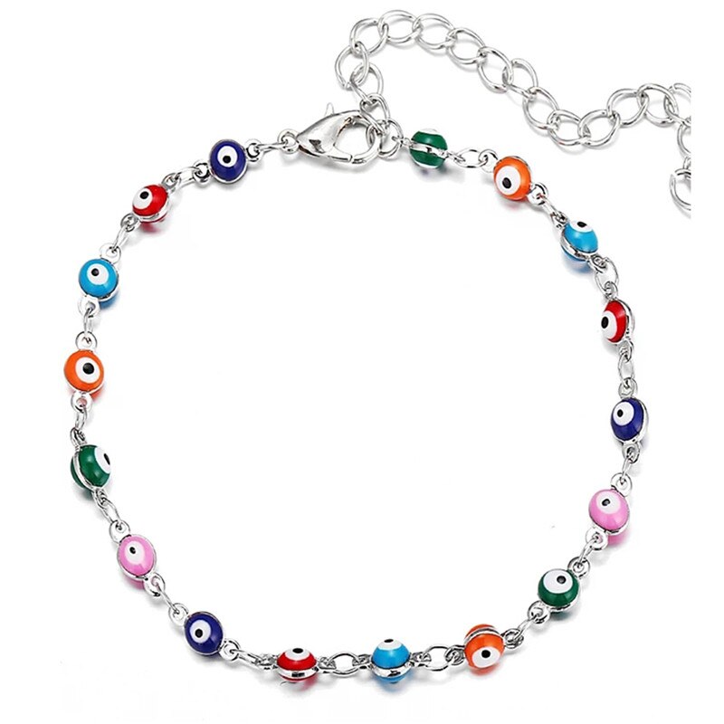 Doreen Box tobillera de cobre religioso oro Multicolor Evil Eye On Foot pulsera de tobillo para mujer de joyería de piernas 19cm de largo, 1 PC: silver