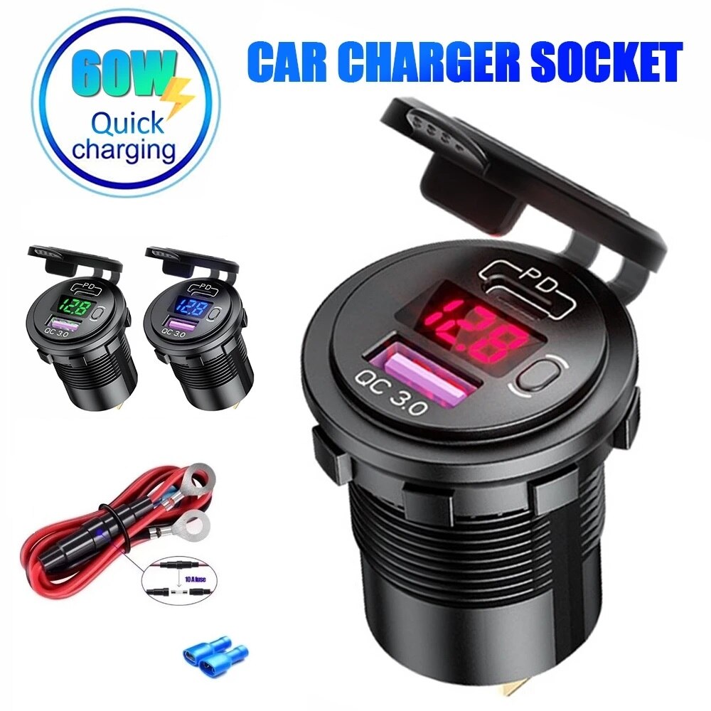 Pd Type C Usb Car Charger Socket En Qc 3.0 Quick Charger 12V/24V Auto Stopcontact socket Met Led Voltmeter Aan/Uit Schakelaar