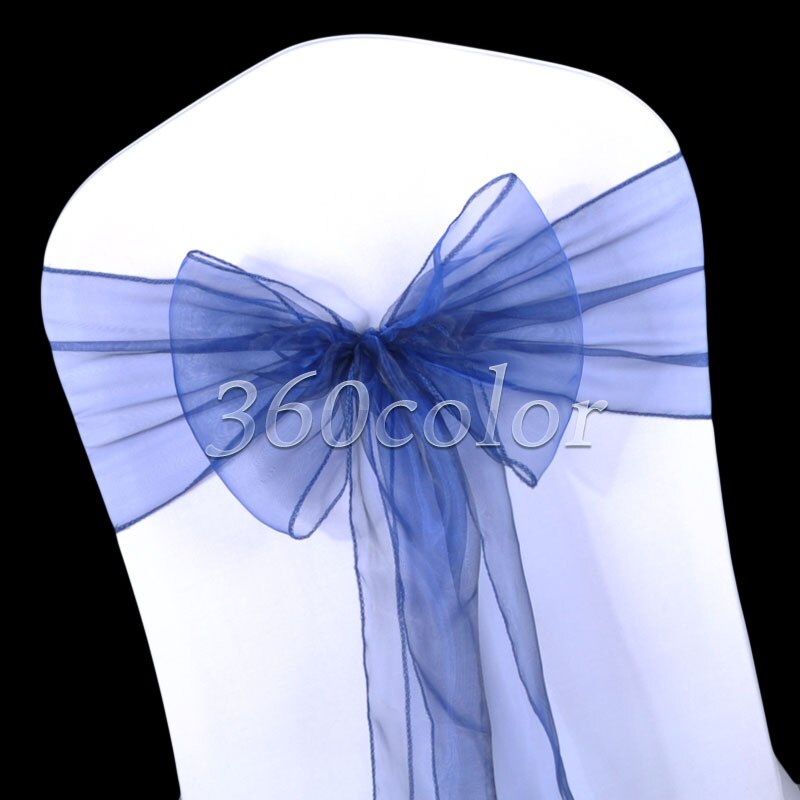 25 Stuks Navy Blue Sheer Organza Voorzitter Sjerpen Bow Cover Bruiloft Decoratie