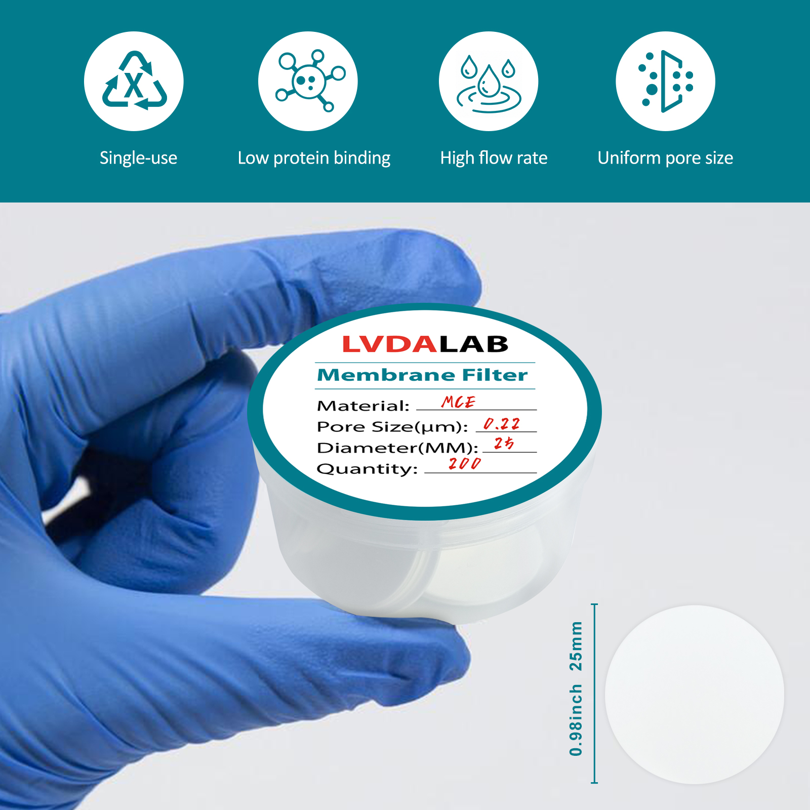100 st/parti ptfe hydrofila/hydrofobiska membranfilter med skivfilter med 13/25/50mm diameter och 0.22um/0.45um porstorlekar