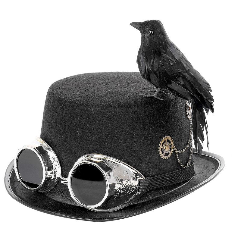 Unisex Heavy Metal Music Festival Top Hat Carnival Retro Gothic Steampunk Cosplay Black Jazz Cap with Crow Goggles