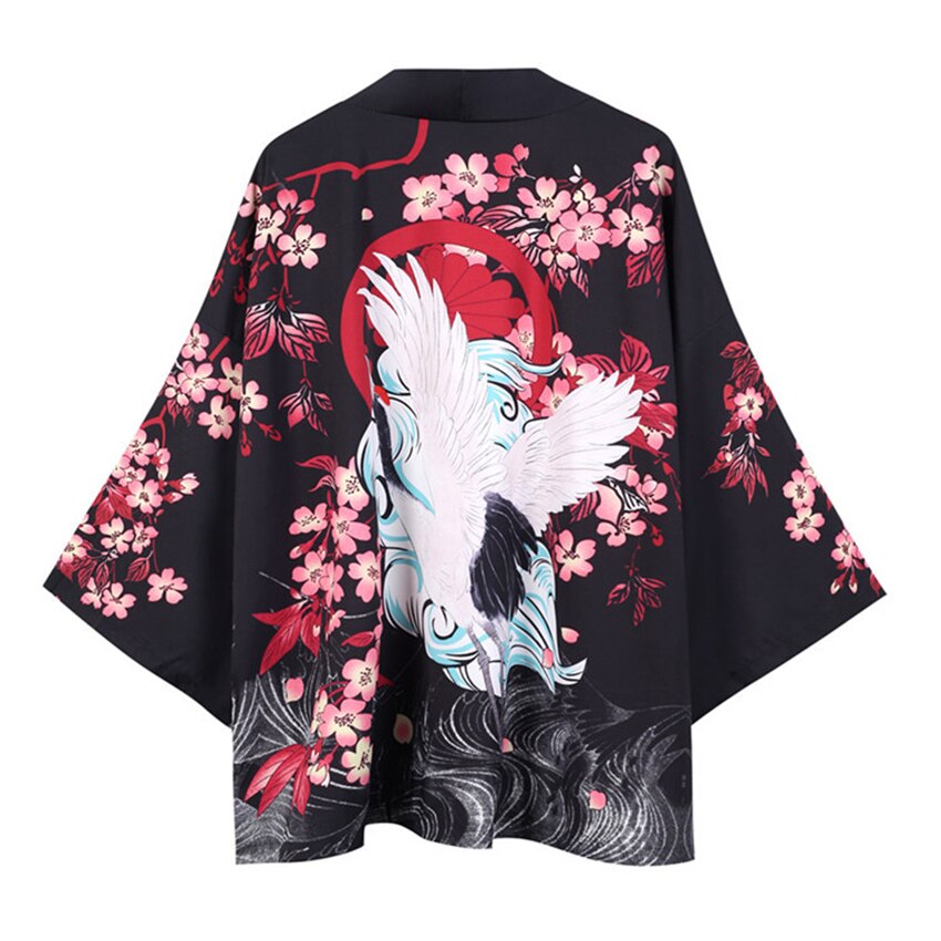 White Black Japanese Traditional Kimono for Man Crane Sakura Print Haori Cardigan Sunscreen Coat Robe Streetwear