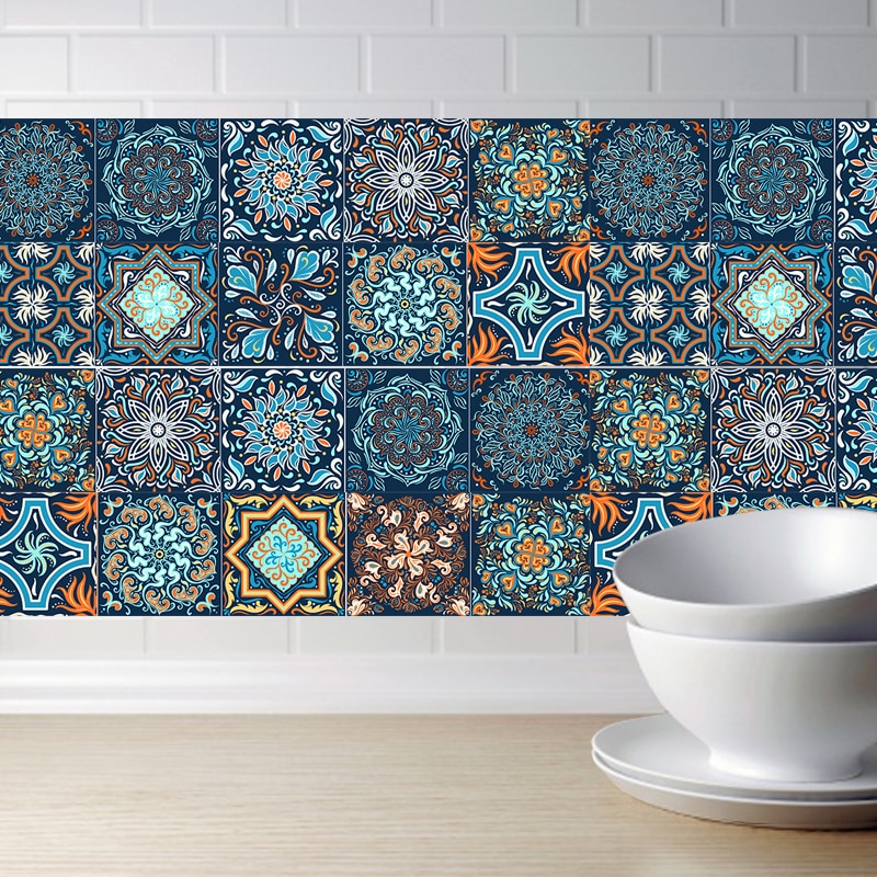 Mandala autoadhesivo árabe, pegatinas de pared, Anti aceite, impermeable, azulejos de imitación, cocina, decoración de baño, arte de pared