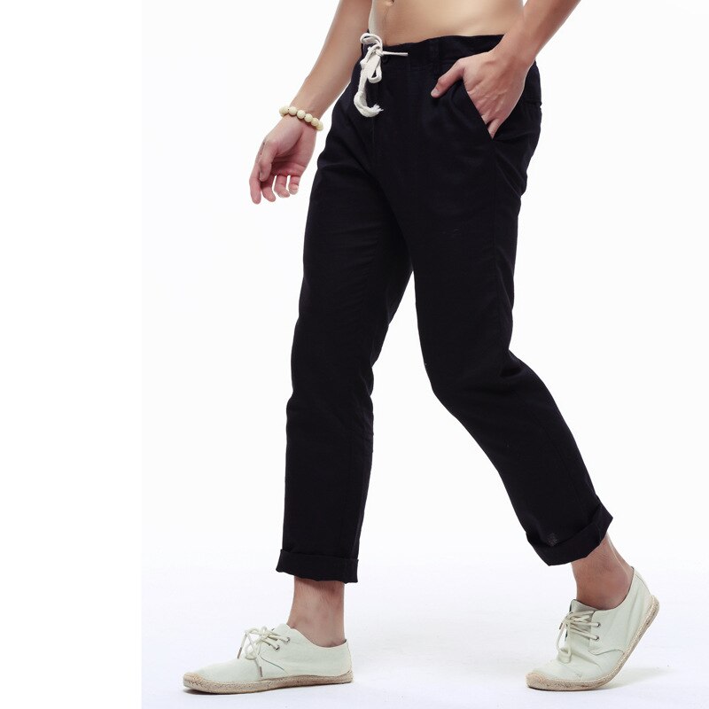 Sommer herre linned capri bukser lette slanke ben casual bukser herre hør bomuld bukser mandlige blyant bukser pt -136: S / Sort