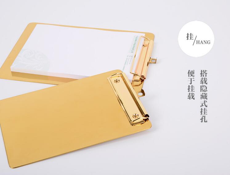 A4 Stainless Steel Clipboard Premium Golden Metal Hanging Clipboard as File Folder Writing Pads