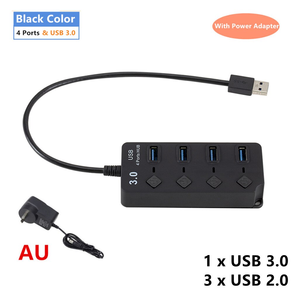 Grwibeou Usb 3.0 Hub Usb Splitter Multi Usb 3 0 Hub Poorten Met Schakelaar Voeding Adapter Meerdere Usb 2.0 extender Hab Voor Pc: With AU Plug