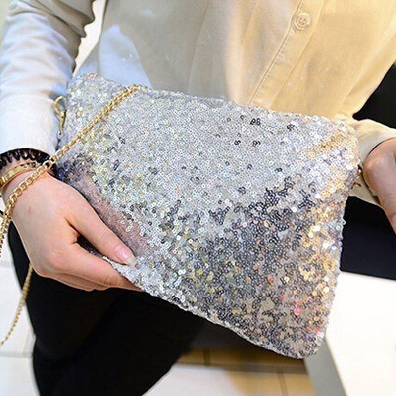 Kvinner damer glitter paljetter håndveske glitrende fest kveldskonvolutt clutch bag lommebok veske svart gull sølv: Sølv