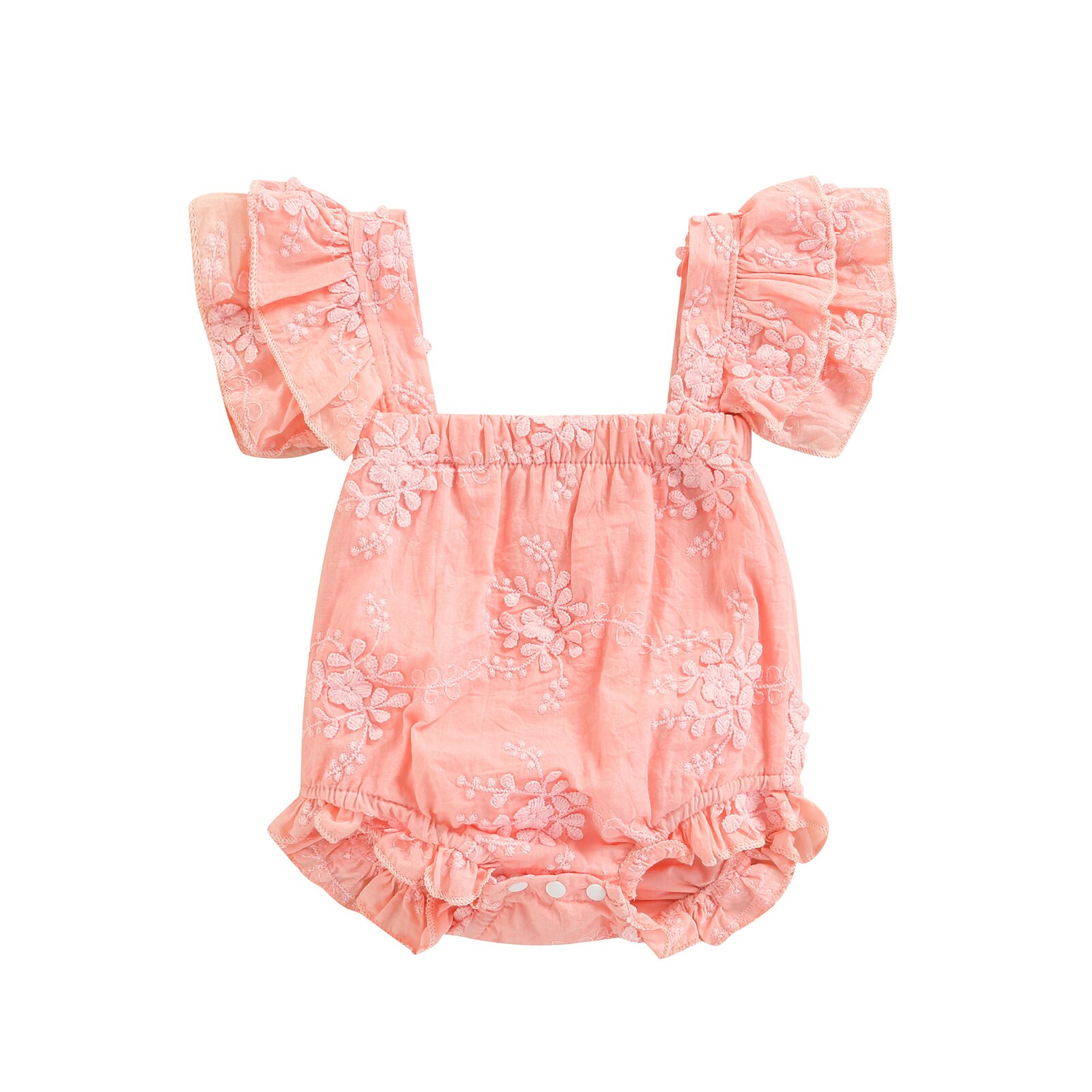 Mono de algodón con bordado de flores para niña, pelele sin mangas con cuello cuadrado, entrepierna a presión: Rosa / 6 meses