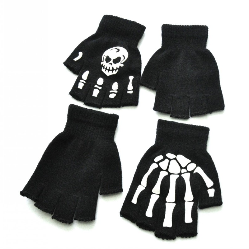 Druck Fluoreszierende Skelett Schädel Gestrickte Halbe Finger Handschuhe Kühlen Herbst Winter Schwarz befreien Handschuhe draussen Sport Fahrrad