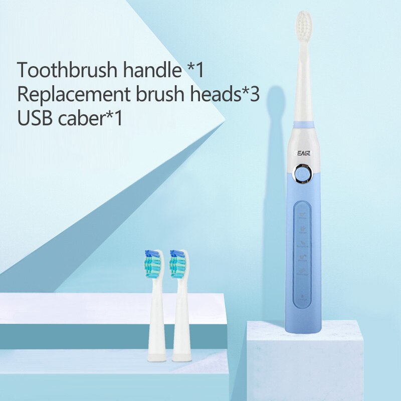 SEAGO Sonic Electric Toothbrush Adults Timer 5 Modes USB Rechargeable Tooth Brush Replacement Brush Head Nozzles Box SG-507: blue