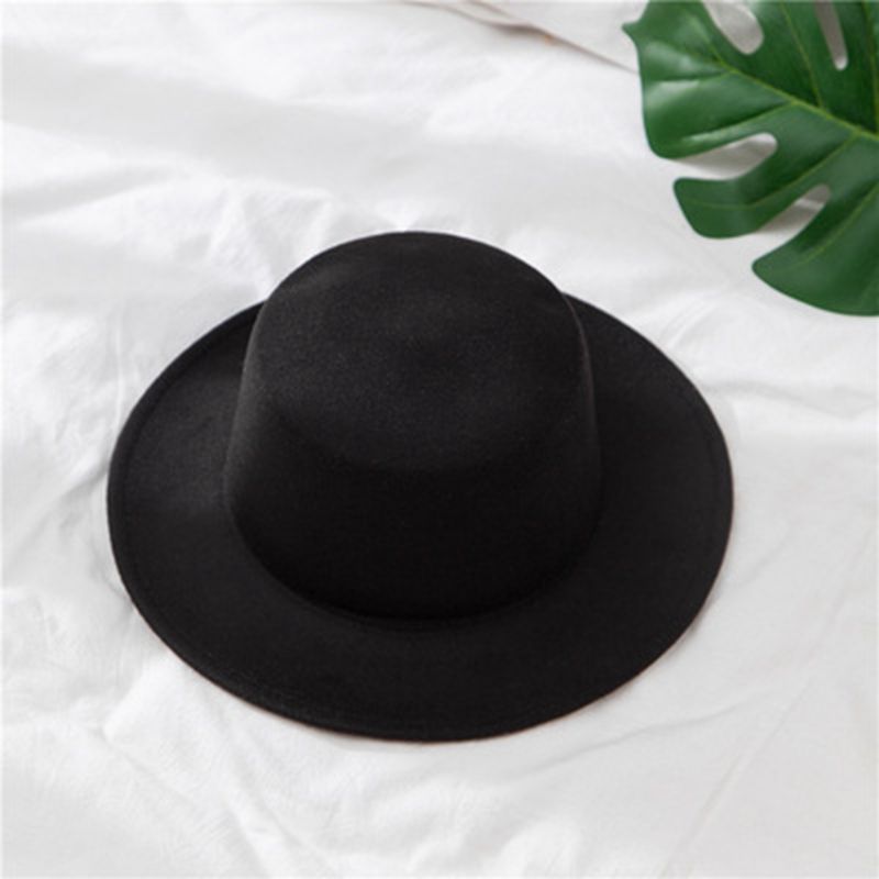 Women&#39;s Fedoras Hats Classic Solid Color Felt Vintage Wide Brim Simple Church Derby Flat Top Hat: Black