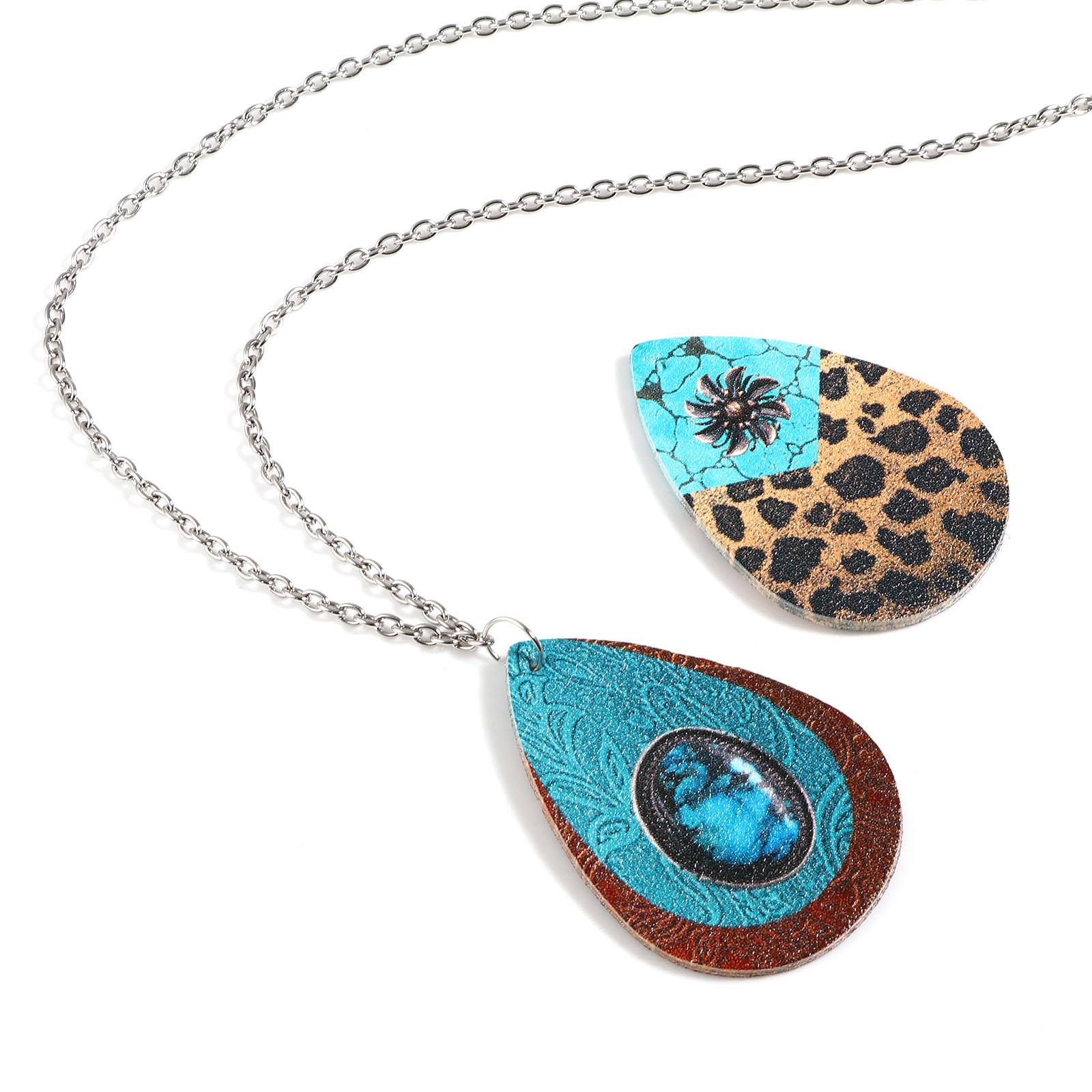 Bohemian pu leather pendant, multicolor with resin cabochon imitation, turquoise charms, diy necklace jewelry, , 5 pieces