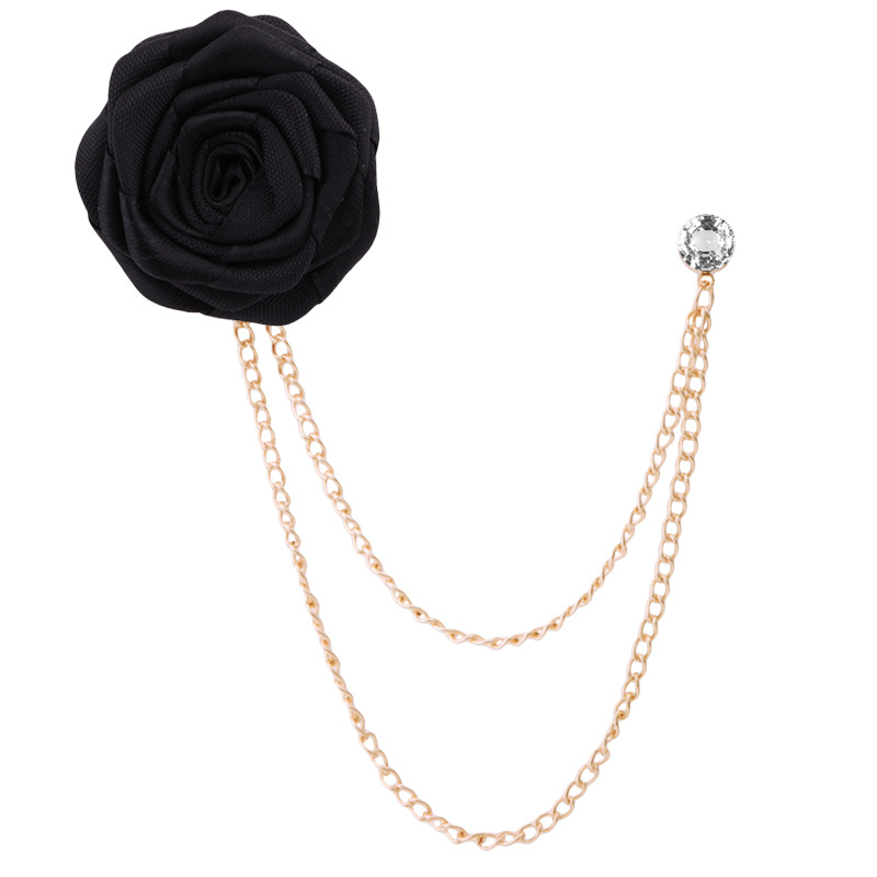 Korean Bridegroom Wedding Brooches Cloth Art Hand-made Rose Flower Brooch Lapel Pin Badge Tassel Chain Men's Suit Accessories: Rhodium Plated