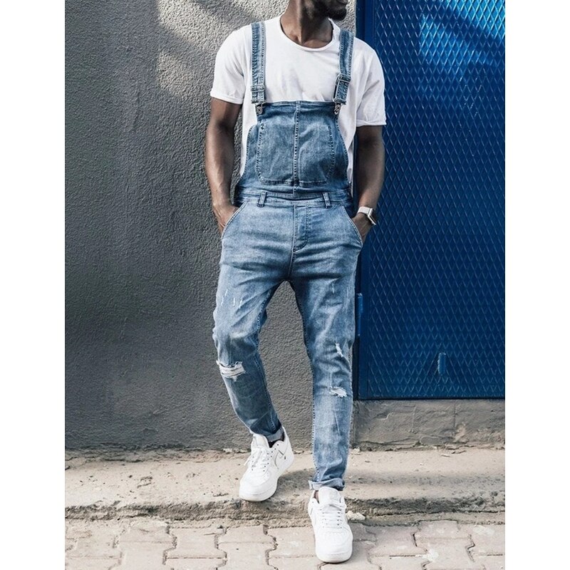 Lugentolo Déchiré Jeans Salopette Homme Printemps été Streetwear Grande Taille Taille Moyenne Jean Délavé