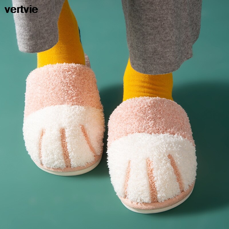 Vertvie Winter Slippers Vrouwen Mannen Paar Schoenen Leuke Kat Poot Thuis Indoor Harige Slippers Unisex Warm Pluche Slippers Zachte Schoenen