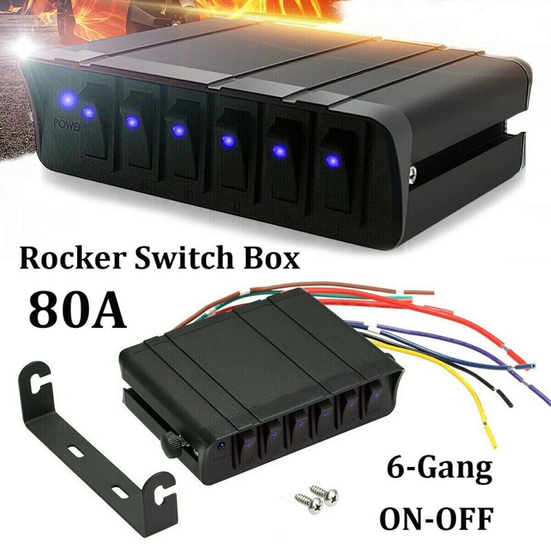 6 Gang On/Off Rocker Switch Box with LED Light,12-24V 80A Switch Panel for Automotive Vehicle Boat Marine SUV