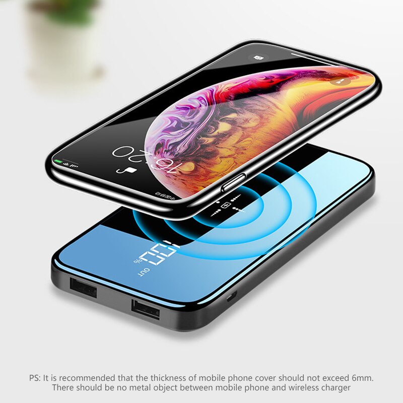 Qi Wireless Charger Power Bank 20000 mAh For iPhone Xiaomi Samsung Mirror Screen Powerbank External Battery Wireless Power Bank