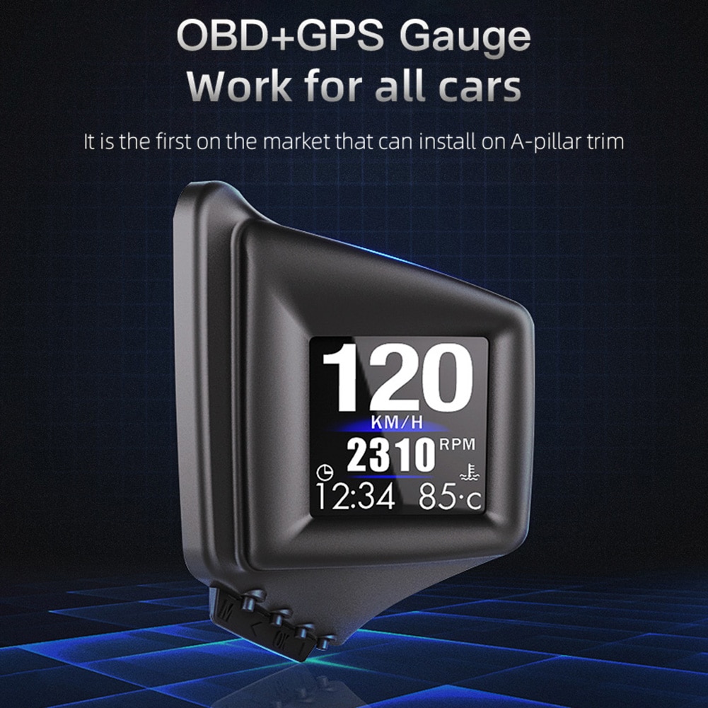Car On-board Computer HUD OBD 2+GPS A-Pillar Trim Dash Speedometer RPM Smart Gauge Turbo Pressure Oil&Water Temperature Gauge