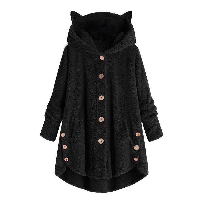 otoño chaqueta de mujer hebilla lateral mullido dobladillo Abrigo con capucha holgado cálido oído largo abrigo: A / XL