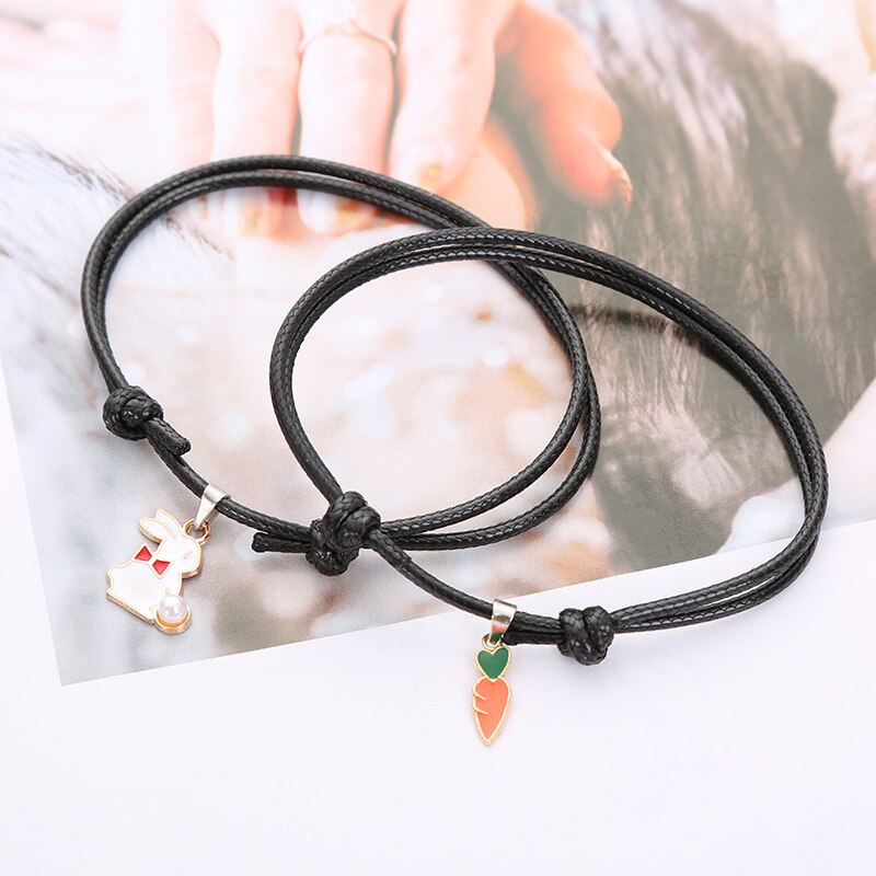 2-Piece Set Best Friend Cute Rabbit Carrot Bracelet Charming Couple Bracelet Jewelry Girl Party Accessories: Black
