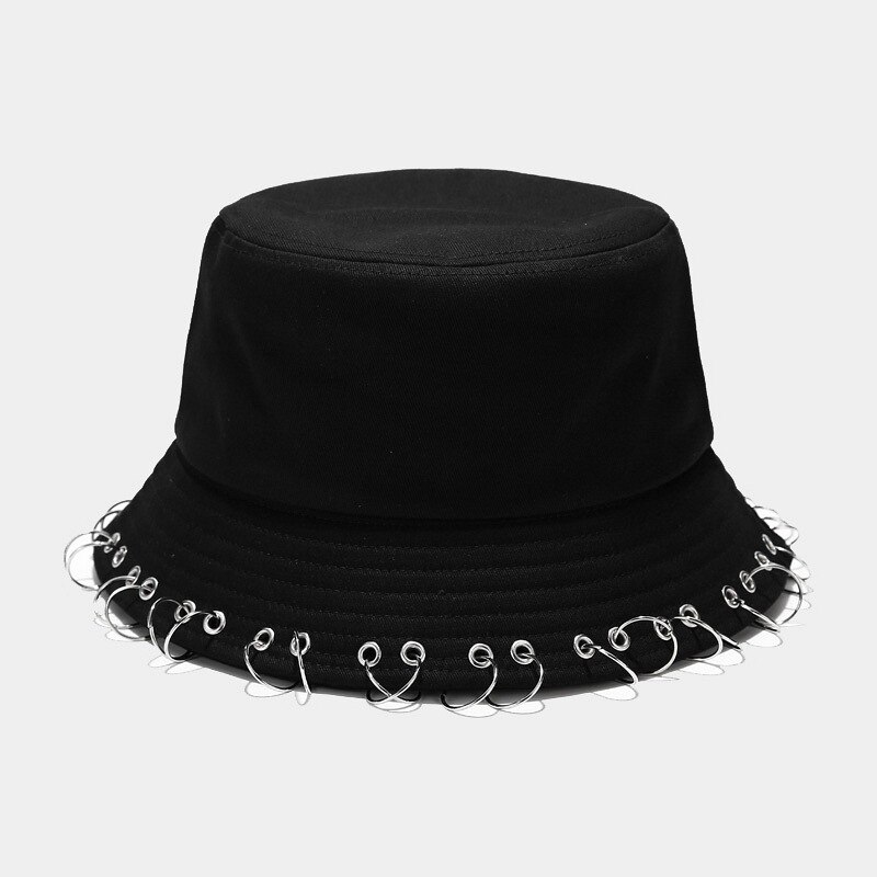 Harajuku Hip Hop Solid Color Bucket Hat Spiked Rivets Metal Rings Outdoor Wide Brim Sunscreen Fisherman Cap Women Man Panama: Black