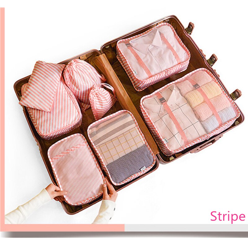 8 Stuk Koffer Organisator Opbergtas Reizen Cosmetische Bag Kleding Ondergoed Schoenen Verpakking Kubus Reizen Make Tassen: Stripe
