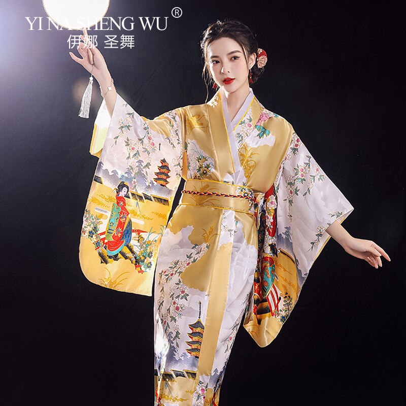 Kimono japonés Sexy para mujer, traje de Cosplay tradicional, de satén Floral, talla única, Yukata con Obi, novedad