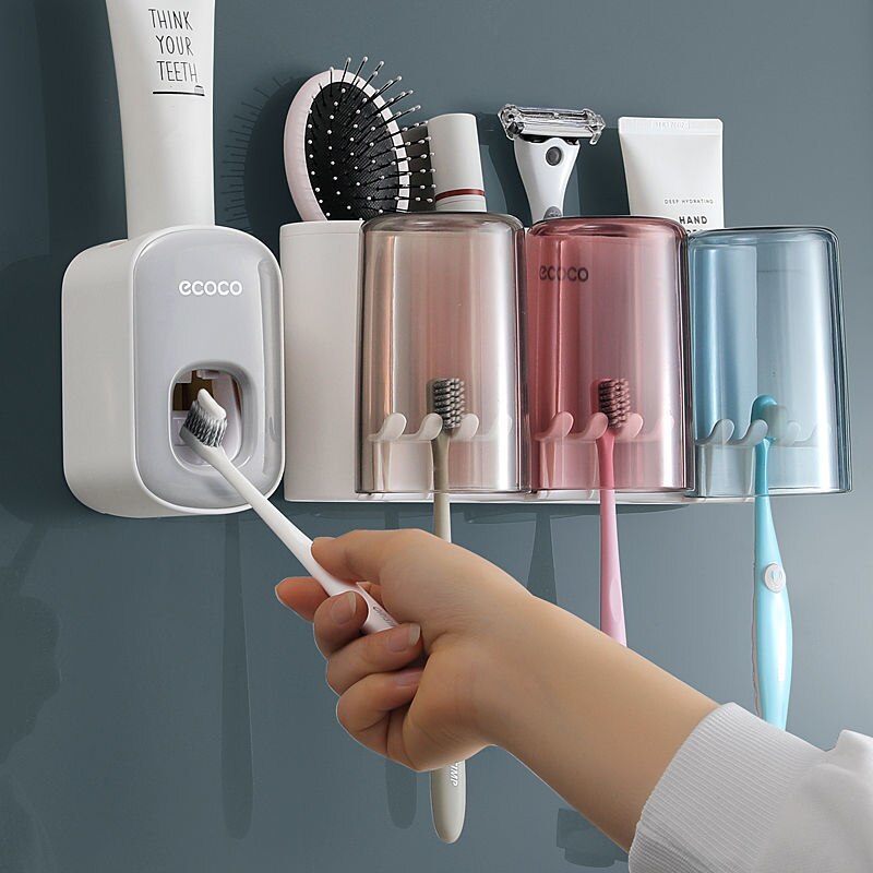 ECOCO – distributeur automatique de dentifrice à pression, accessoires de salle de bains, poinçon gratuit, ensemble de porte-brosse à dents, support de rangement mural: Figure 3