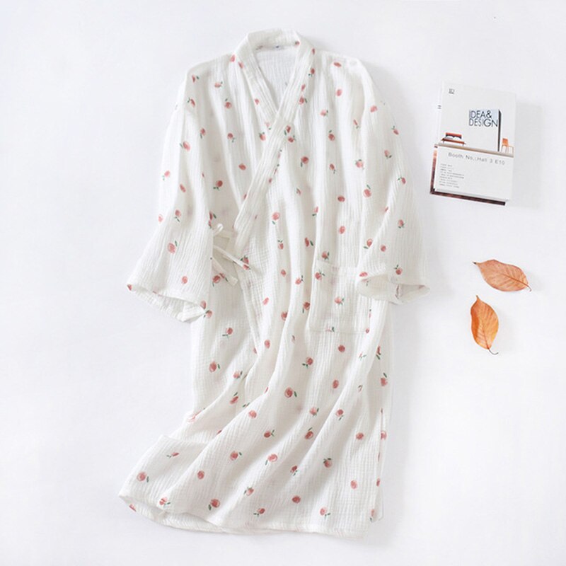 Vestido de dormir con estampado de melocotón para mujer, Camisón de algodón de gasa suave, ropa de casa Rosa holgada, bonito dibujo animado, novedad de primavera y otoño: white / L