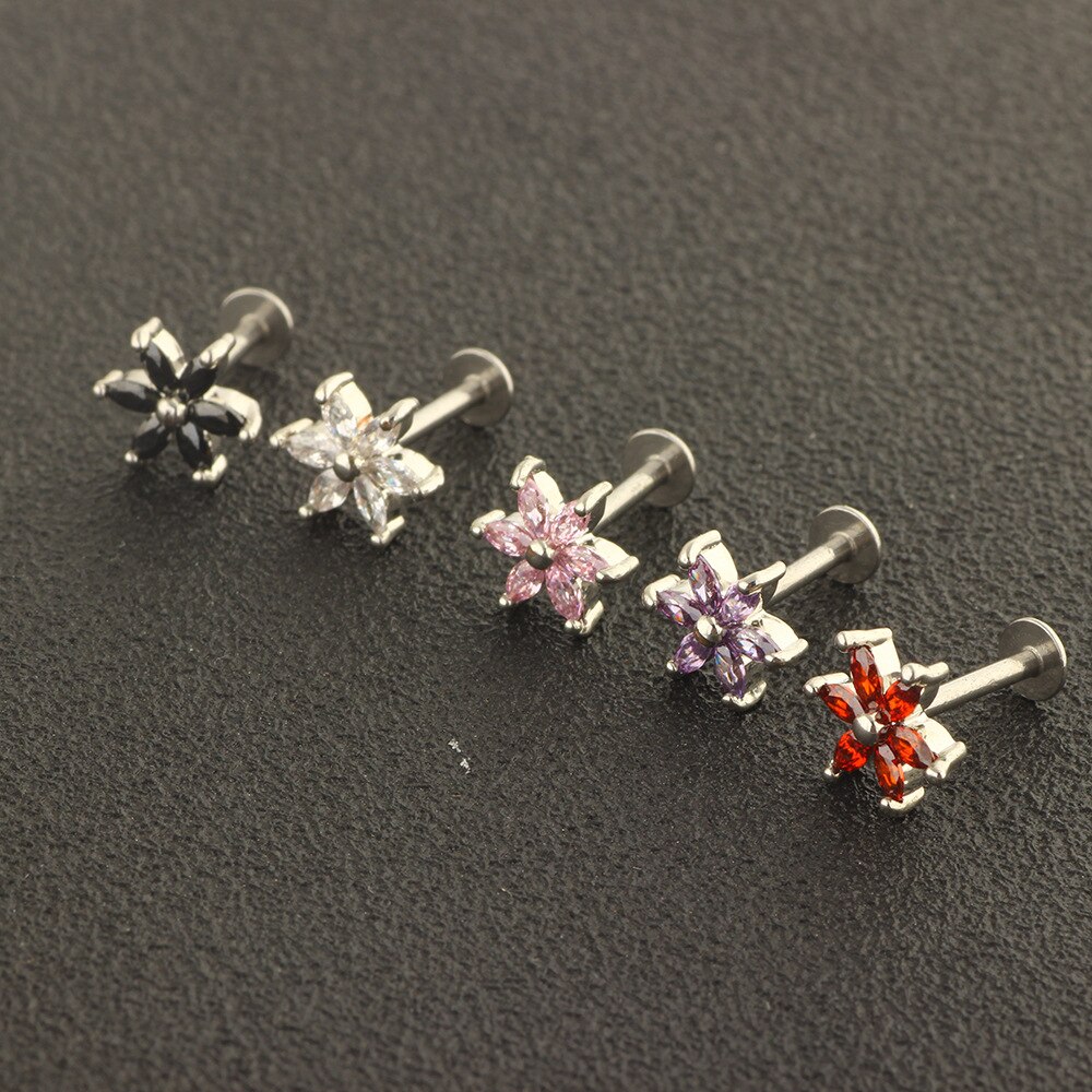 Imixlot 1 Uds. 6mm de longitud 16G Anillo para el labio labret pendiente de hueso de uñas Barbell Zircon Rose Flower Helix tragus piercing en la oreja joyería del cuerpo