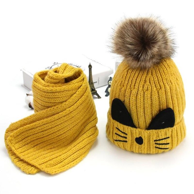 Karikatur katze hairball mützen setzt samt wolle freundlicher Art Gestrickte pelz hüte Winter pelz innen 2 stücke Baby mädchen schal Hütte einstellen