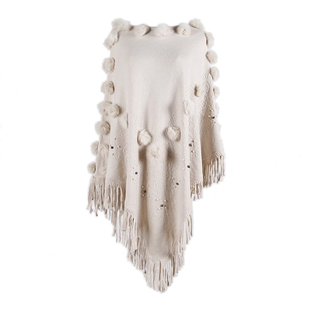 Cape Poncho pour femmes, col rond, avec pompon tricoté, Capes solides, manteau , Cape, châle, automne: apricot