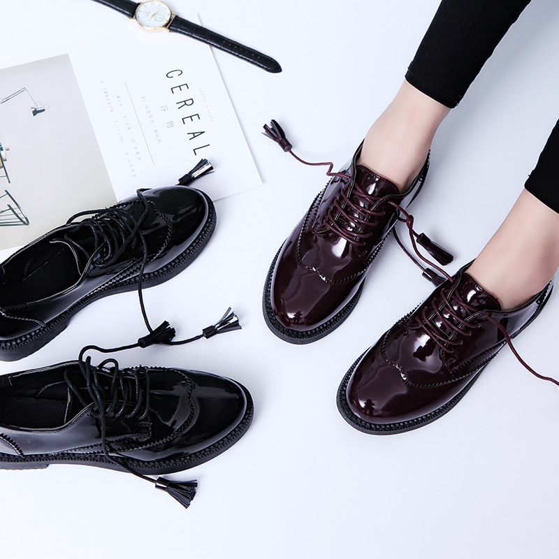 Kvinner vår høst fritidssko for flat frynser rund tå oxford kvinnelig retro svart plattform oxford sko for kvinner sko  c0-43