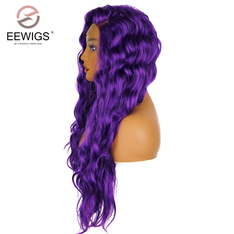 EEWIGS Glueless Dark Purple Long Wavy Synthetic Lace Front Wig With Natural Hairline 13x4 Heat Resistant Wigs For Black Women