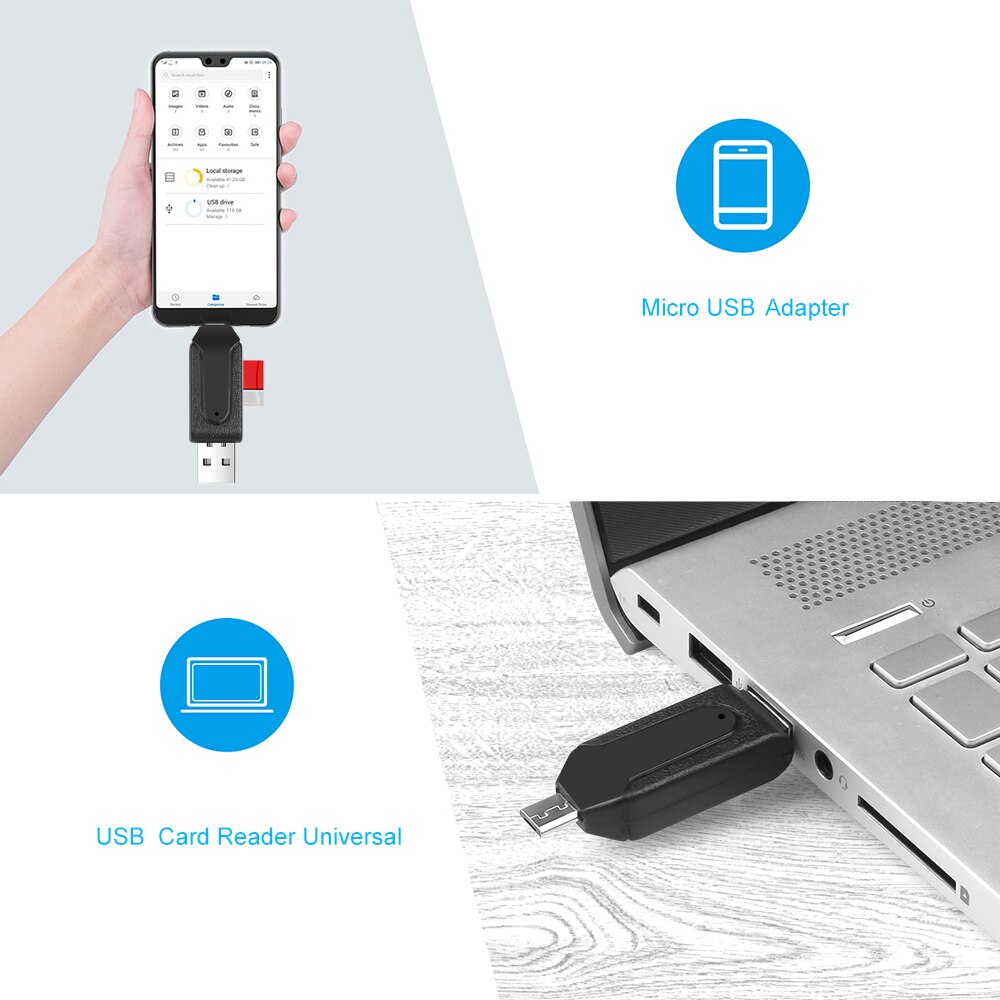 Mini usb adapter 2 i 1 usb otg kortlæser mikro usb otg tf/sd kortlæser til telefonudvidelse headers mikro usb otg adapter