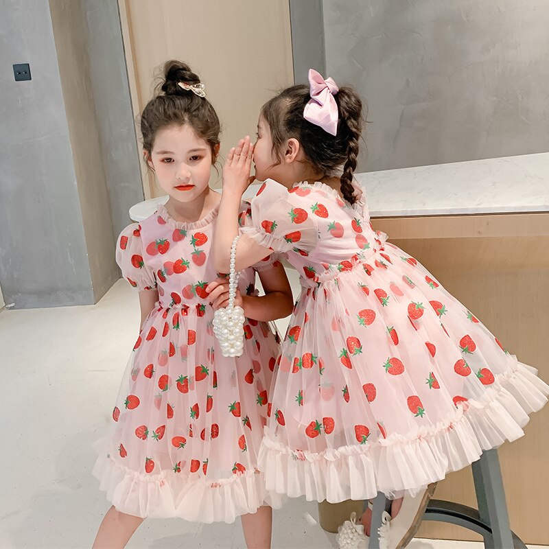 Kids Clothes Girls Summer Dress Children Clothes Puff Sleeve Pink Strawberry Princess Dress Vestidos Toddler Teen Dresses
