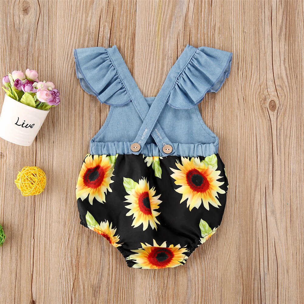 Baby zomerkleding 0-24m schattige pasgeboren baby's babymeisjes zonnebloemen bodysuit patchwork ruches jumpsuits zonnepak outfits