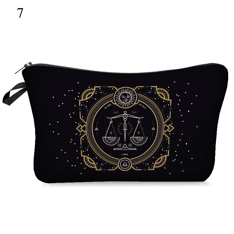 Women Makeup Cosmetic Bag Black Toiletry Bag With 12 Constellation Travel Bag Organizer Beauty Case Printed Makeup Pouch: 7