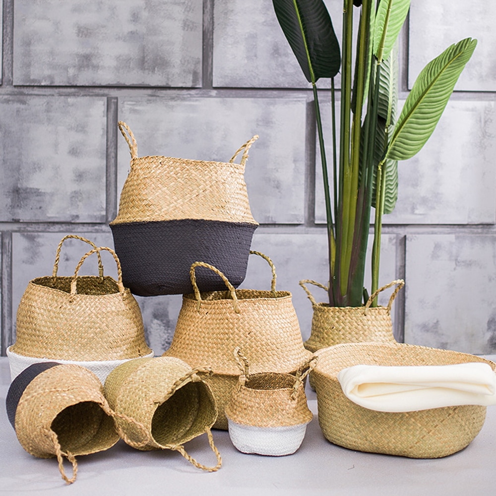 Handgemaakte rieten manden opvouwbare wasmand gevlochten opbergmand natuurlijke rotan zeegras tuin bloempot plantenbak mand wit
