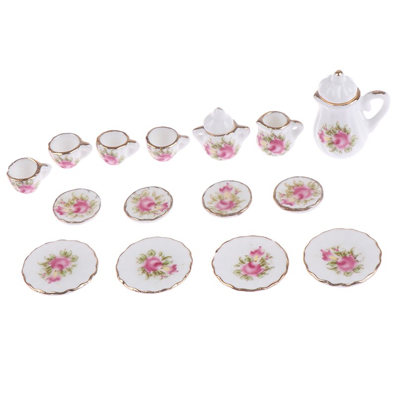 15Pcs 1:12 Miniature Porcelain Tea Cup Set Chintz Flower Tableware Kitchen Dollhouse Furniture Toys For Children