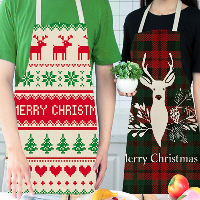 Tablier de noël joyeux noël treillis imprimé sans manches coton lin tabliers pour hommes femmes outils de nettoyage à domicile